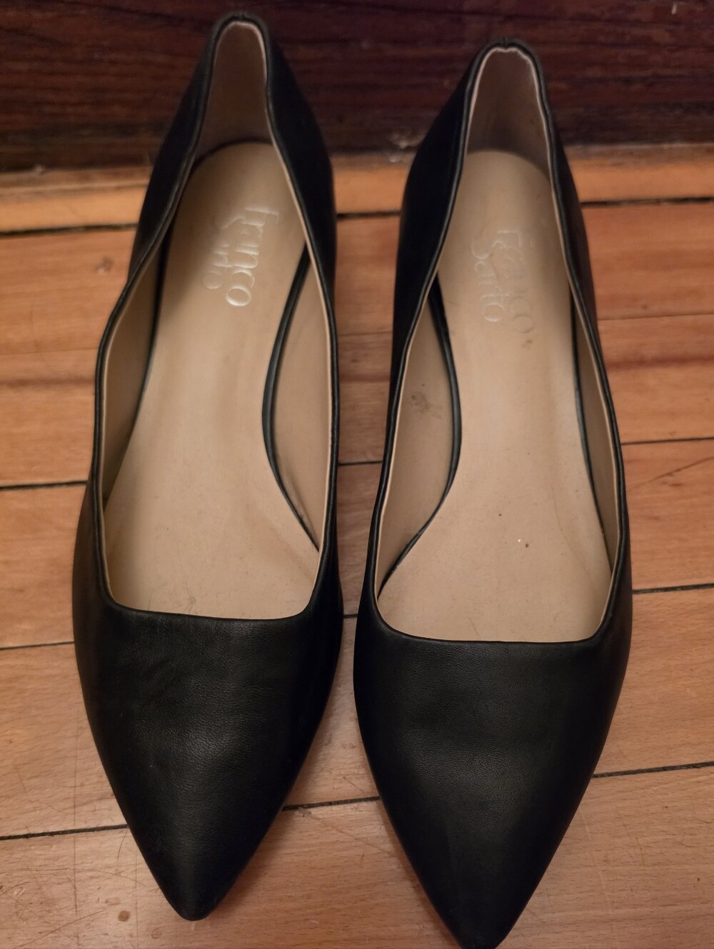 Franco Sarto Black Leather Pointed Toe Metallic Block Heel Pumps 7.5